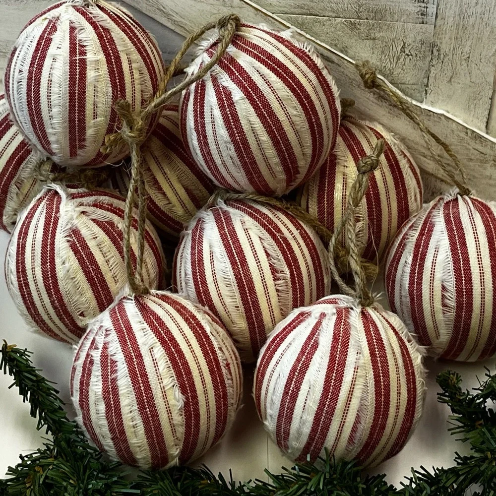 10 Primitive red stripe Fabric RAG BALLS Christmas Ornaments farmhouse decor